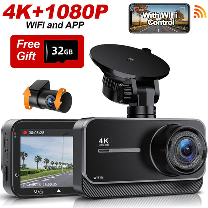Dashcam 4K Wifi Car Recording Camera DVR Video Recorder Black Box Front and Rear Dual Channels 24H Parking Mode HD Night Vision