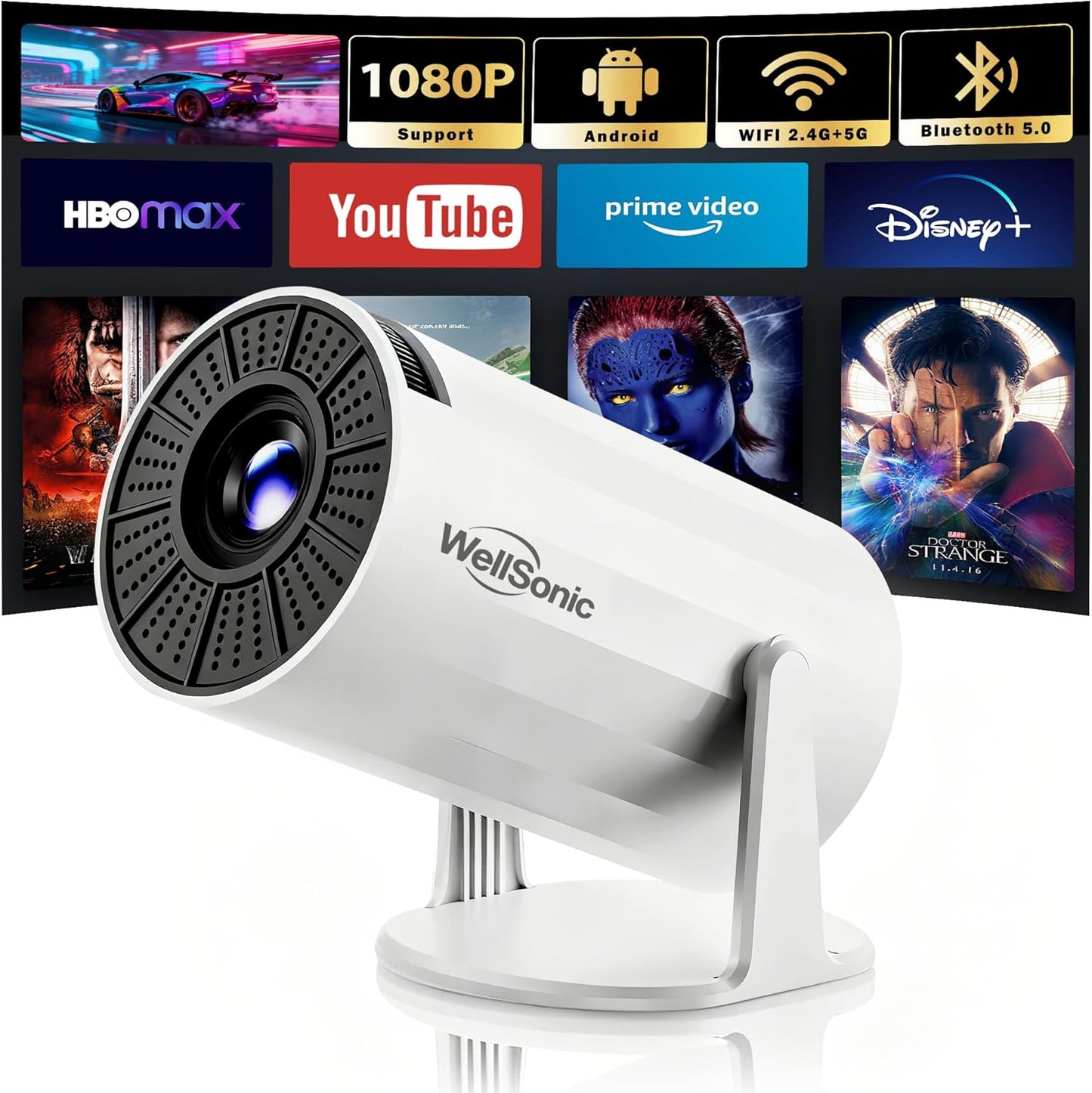 Mini Projector with Wifi and Bluetooth, Portable Projector Support 1080P, Auto Keystone,210° Rotation, Smart Projector with Build-In APP for Home Theater Night