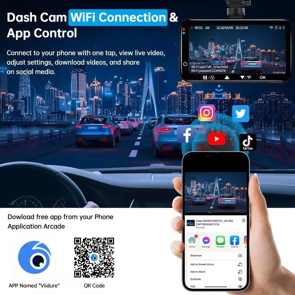 Dashcam 4K Wifi Car Recording Camera DVR Video Recorder Black Box Front and Rear Dual Channels 24H Parking Mode HD Night Vision