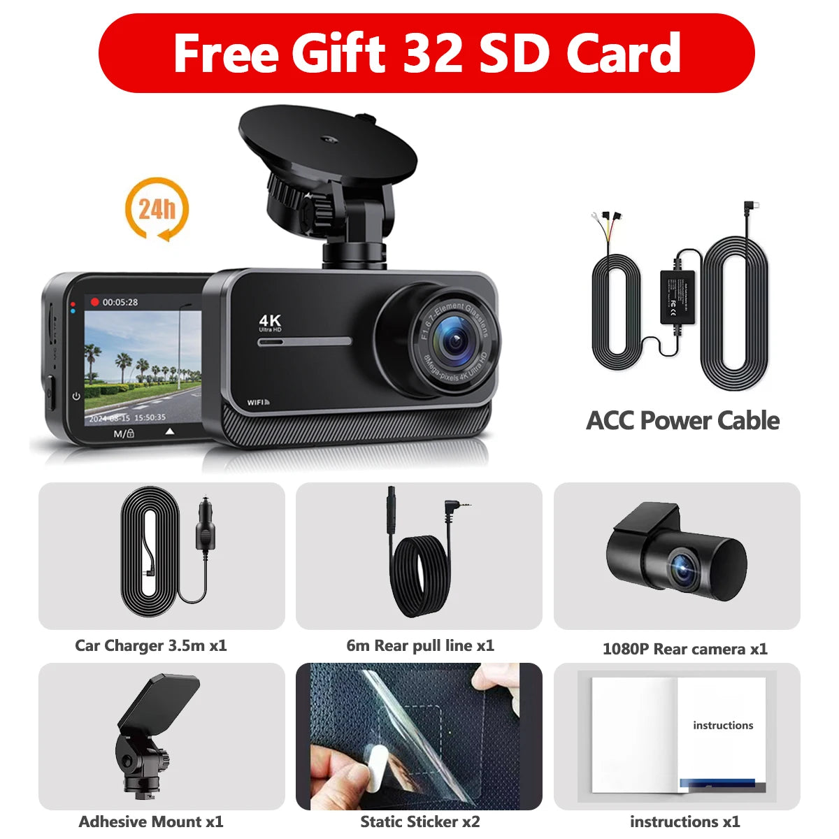 Dashcam 4K Wifi Car Recording Camera DVR Video Recorder Black Box Front and Rear Dual Channels 24H Parking Mode HD Night Vision