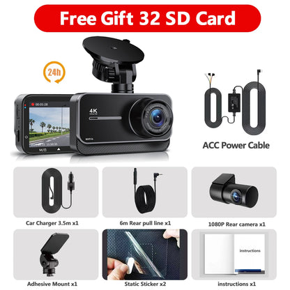 Dashcam 4K Wifi Car Recording Camera DVR Video Recorder Black Box Front and Rear Dual Channels 24H Parking Mode HD Night Vision