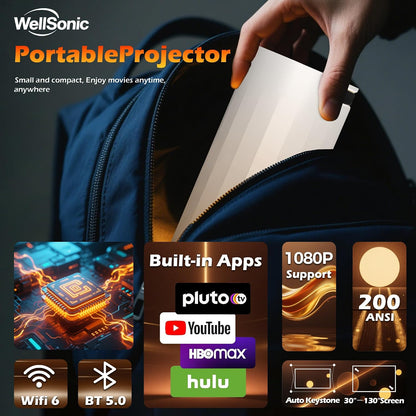 Mini Projector with Wifi and Bluetooth, Portable Projector Support 1080P, Auto Keystone,210° Rotation, Smart Projector with Build-In APP for Home Theater Night