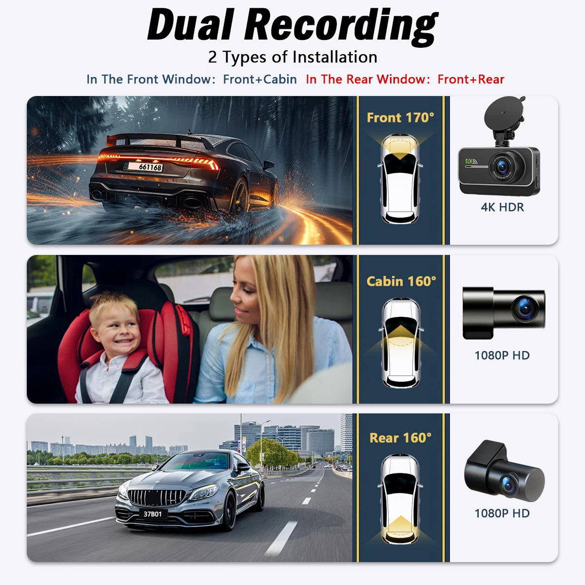 Dashcam 4K Wifi Car Recording Camera DVR Video Recorder Black Box Front and Rear Dual Channels 24H Parking Mode HD Night Vision
