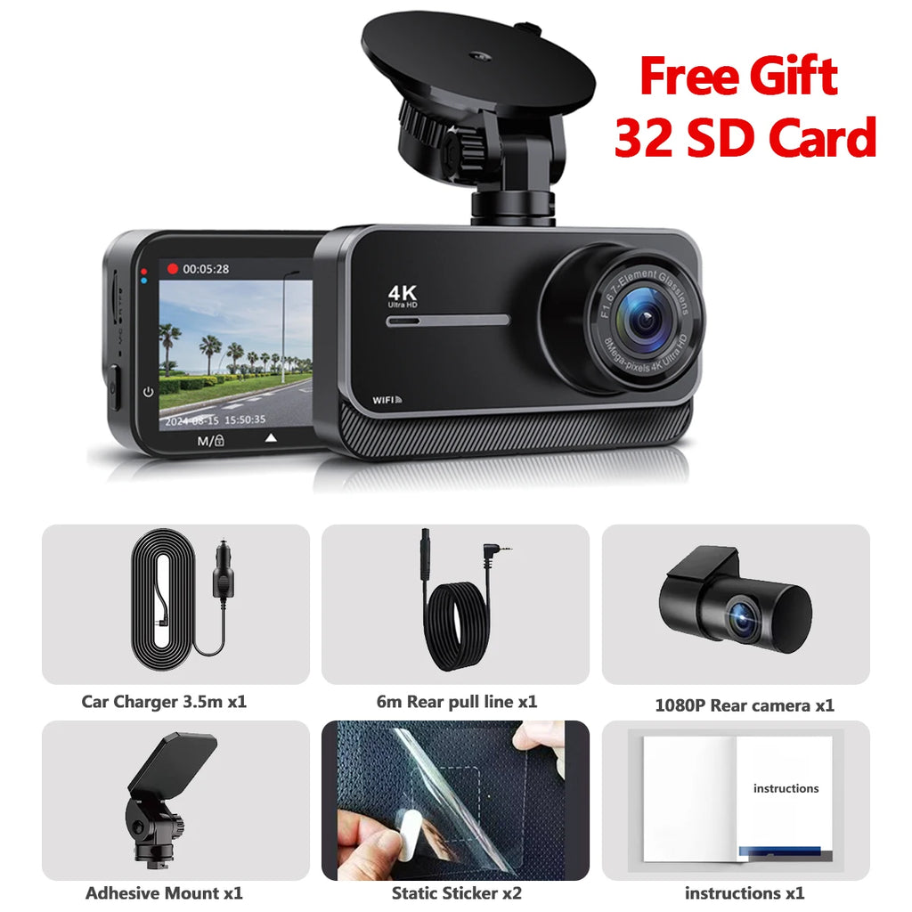 Dashcam 4K Wifi Car Recording Camera DVR Video Recorder Black Box Front and Rear Dual Channels 24H Parking Mode HD Night Vision